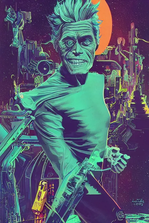 Image similar to Willem Dafoe as Rick Sanchez, science fiction, retro cover, high details, intricate details, by vincent di fate, artgerm julie bell beeple, inking, vintage 60s print, screen print