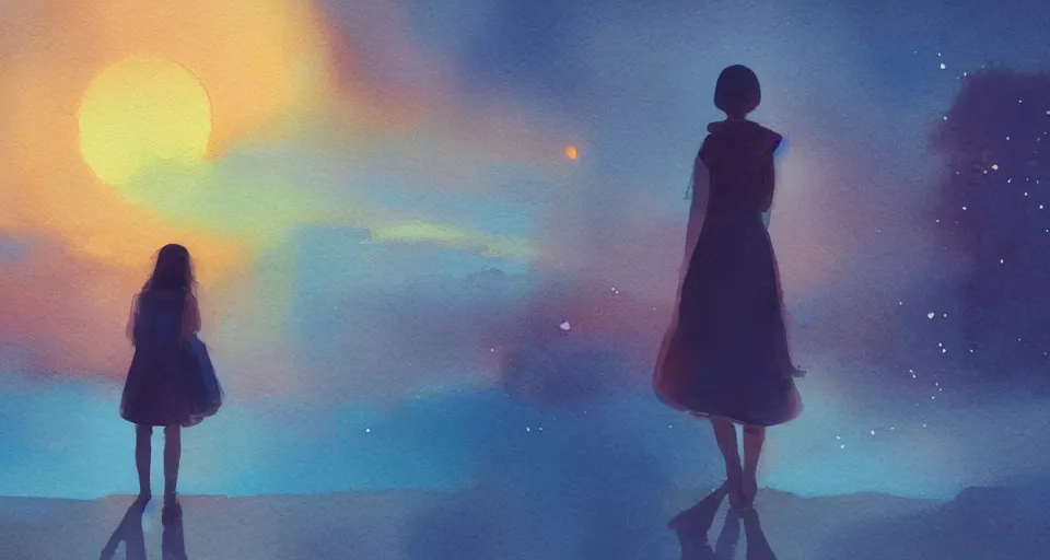 Prompt: Girl on a window pane watching the Saturn sunset in the twilight, volumetric lighting, watercolor, glowing lights, 4k, octane, digital painting, pixiv, by Aenami