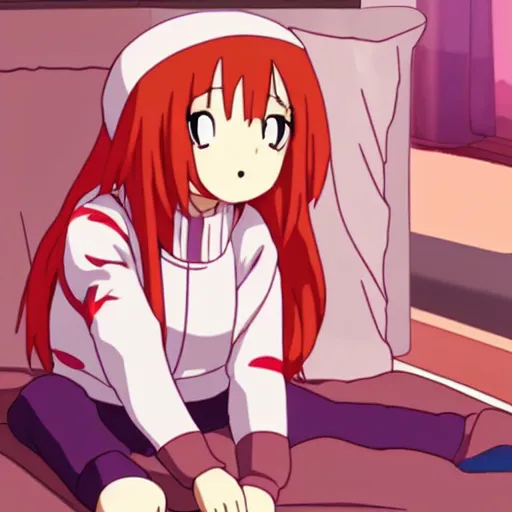 Prompt: Himouto! Umaru-chan anime girl sitting up in bed waking up and stretching adorable cute
