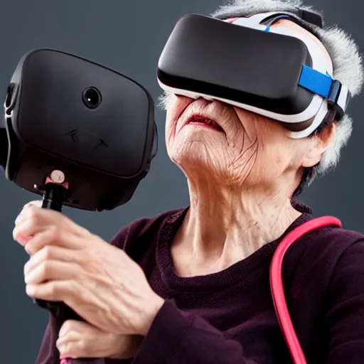 Prompt: very old woman with vive trackers and vr headset recording mocap