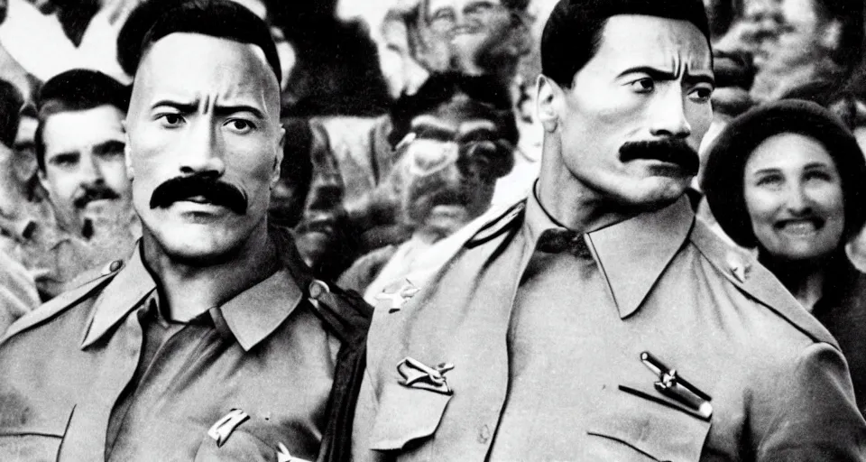 Image similar to dwayne johnson as joseph stalin, black and white photo, award winning