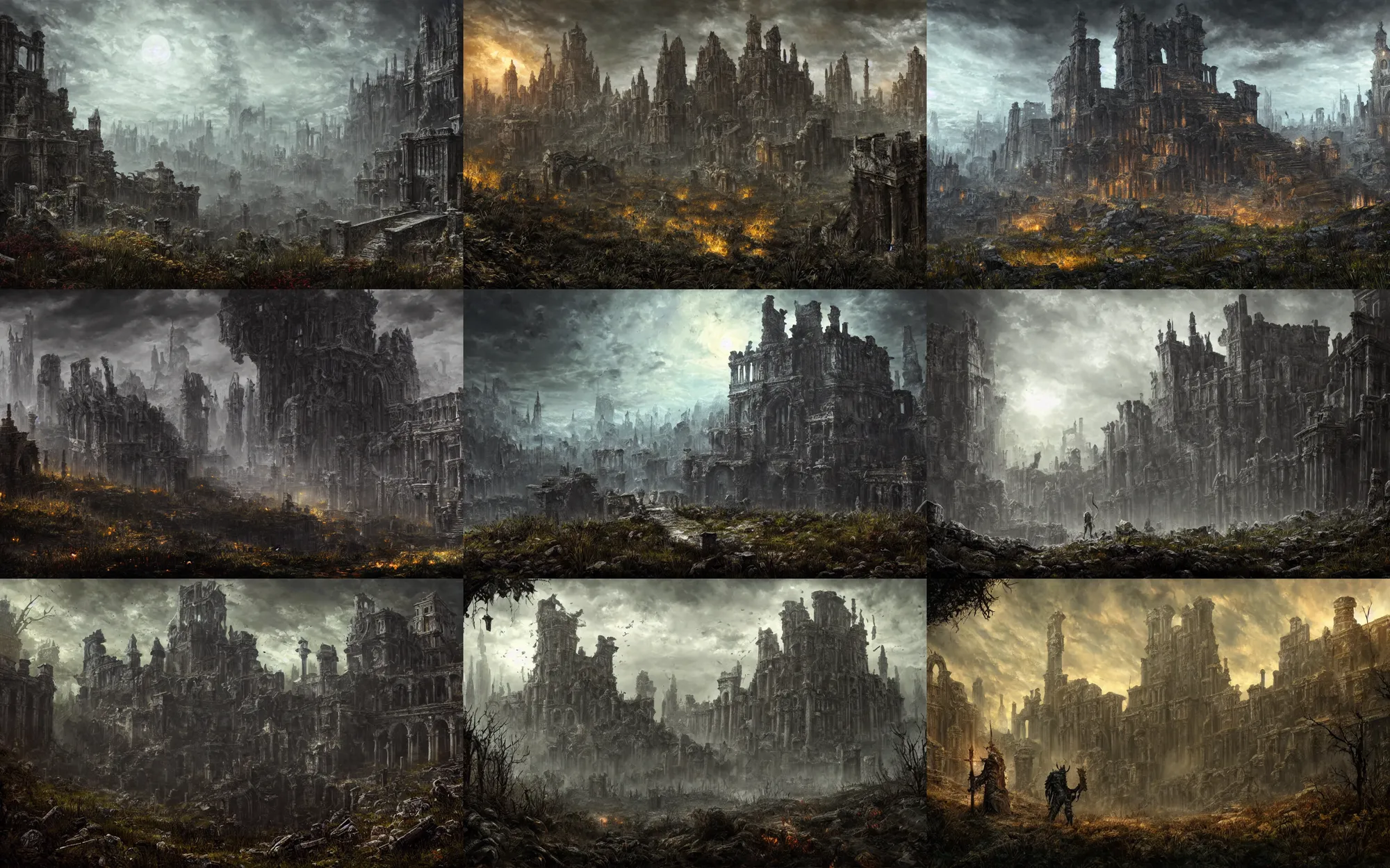 Prompt: detailed oil painting of the ancient overgrown ruins of a once great heavenly city, dark souls iii, 8 k resolution, smooth, sharp focus, dramatic dark eerie lighting, matte painting