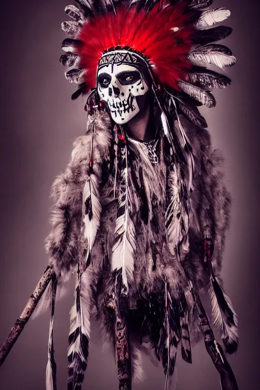 Image similar to the ghost - spirit of the grim - warpaint wears the scarlet skull armor and native blood headdress feathers, midnight fog - mist!, cinematic lighting, various refining methods, micro macro autofocus, ultra definition, award winning photo