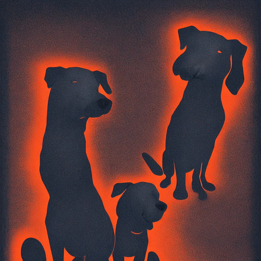 Prompt: surprised dog meme by, mads berg, karolis strautniekas, film noir, stippled light, dramatic lighting, editorial illustration, detailed, fine texture, matte print, art deco, brutalism, dark blue + dark orange, red, black, ( ( habitat 6 7 background ) )