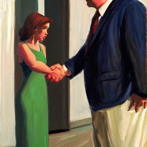 Prompt: tony soprano shaking hands with saul goodman, art by edward hopper, detailed,