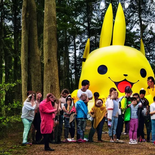 Prompt: a photograph of a group of people worshipping a giant pikachu in a forest. photo. photography. high quality. 4 k. 8 k