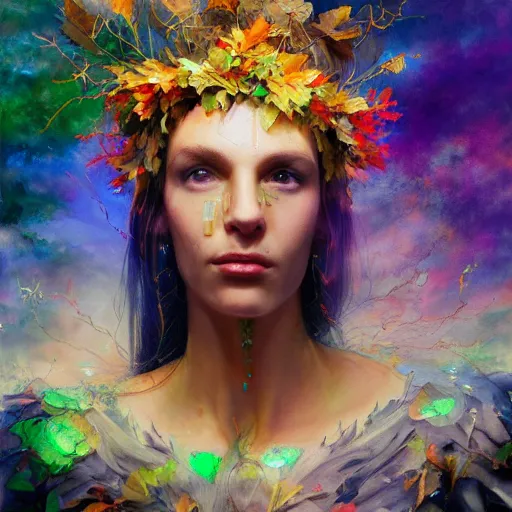 Prompt: a glowing, dewy cyberpunk druid wearing a crown of leaves and circuit boards, looking upwards, spotlight, brush strokes, paint drips, vibrant colors, beautiful eyes, by marco paludet and gianni strino and marion bolognesi