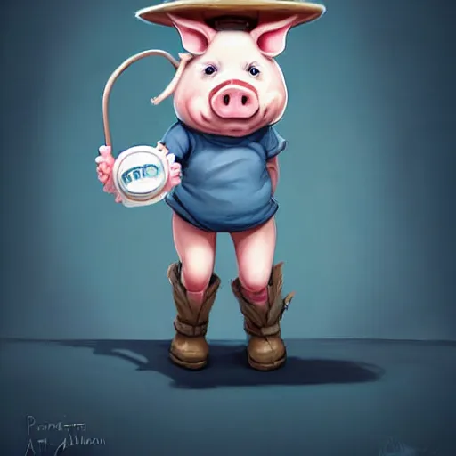 Image similar to cute little anthropomorphic funny female pig wearing shorts, a hat, boots and a pale blue shirt!! tiny!! fully clothed!!! small, short, cute and adorable, character art portrait, matte fantasy painting, deviantart artstation, by jason felix by steve argyle by tyler jacobson by peter mohrbacher, cinema