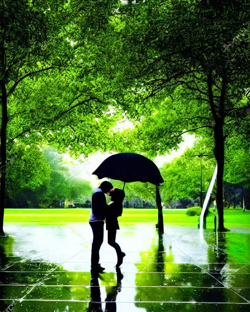 Prompt: raindrops, rain, square, park, lake, man and woman under a black umbrella, trees, kiss, paths, lake.