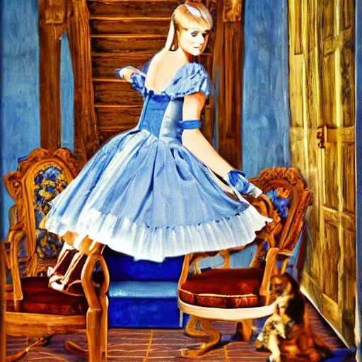 Prompt: alice in the wonderland, chairs, wood floor, blue dress, blonde by cheval michael