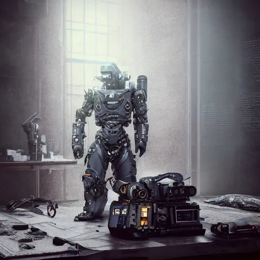 Prompt: Full lenght view Photography of ultra mega super hyper realistic detailed warmachine by Hiromasa Ogura . Photo on Leica Q2 Camera, Rendered in VRAY and DaVinci Resolve and MAXWELL and LUMION 3D, Volumetric natural light. Wearing cyberpunk suit with many details by Hiromasa Ogura .Rendered in VRAY and DaVinci Resolve and MAXWELL and LUMION 3D, Volumetric natural light