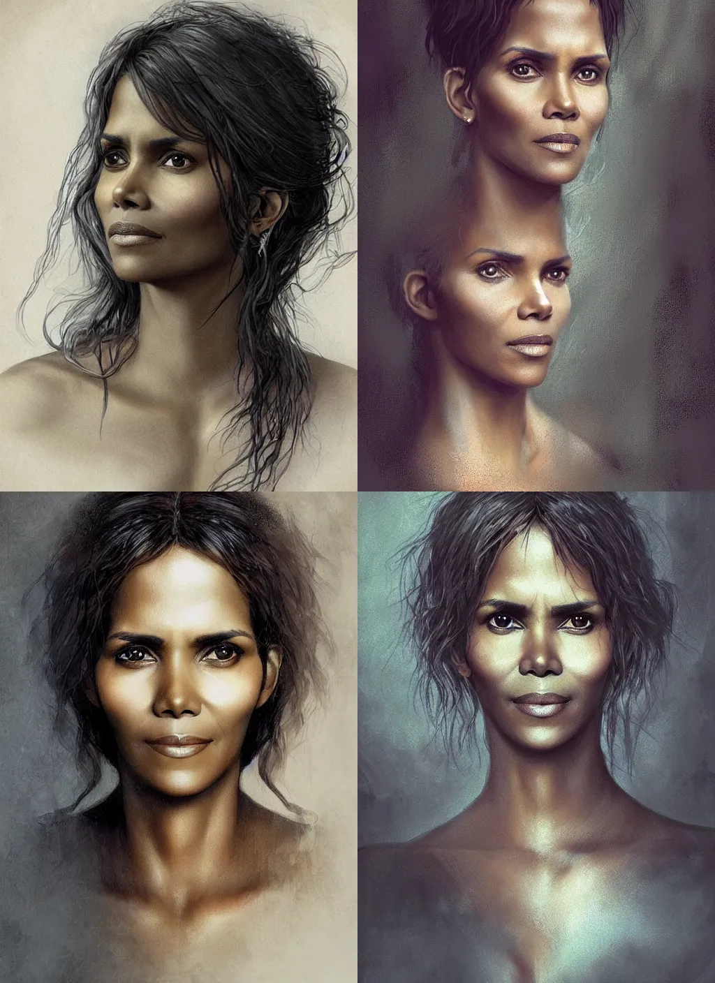 Prompt: portrait halle berry with long hairs in alan lee and marc simonetti and emil melmoth style , cinematic lighting