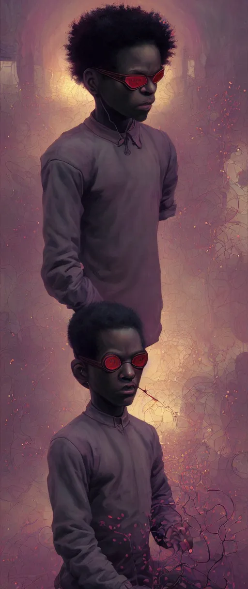 Prompt: portrait of black teenager programming the matrix - in the style of surrealism - art, by wlop, james jean, victo ngai! muted colors, very detailed, art fantasy by craig mullins, thomas kinkade cfg _ scale 8