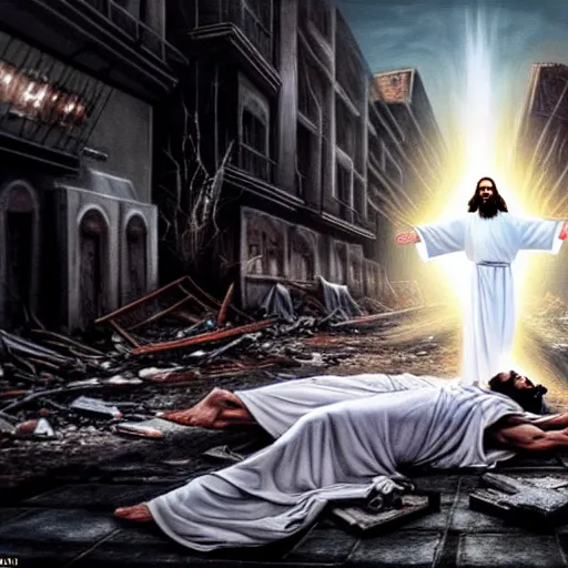 Prompt: jesus christ in a white robe strikes a dramatic dance pose on dead bodies in streets of an apocalyptic metropolis destroyed after war, fantasy art, dramatic lighting, insane details