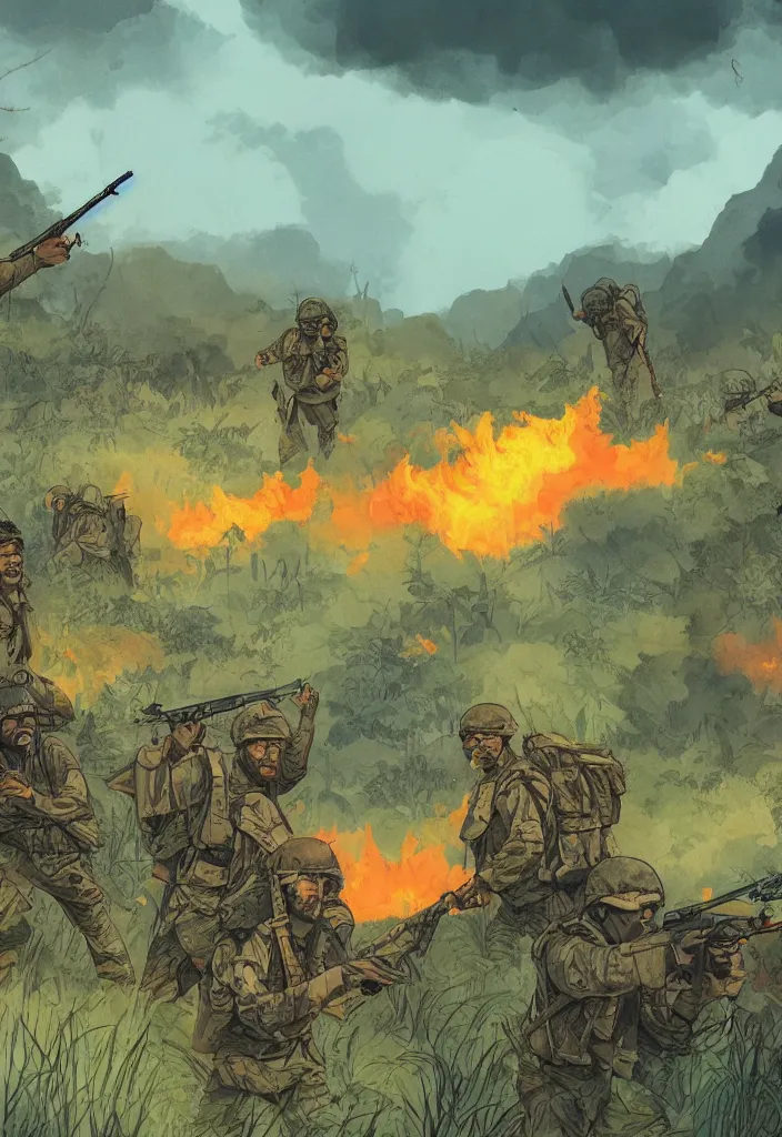 Image similar to handmade illustration of an epic Vietnam war scene with a few american soldiers walking, the jungle at the background, some smoke and fire, blue sky with dramatic clouds, line art, ink, watercolor by Kilian Eng and by Jake Parker, heavy brushstrokes, winning-award masterpiece, fantastic, octane render, 8K HD Resolution, High quality image