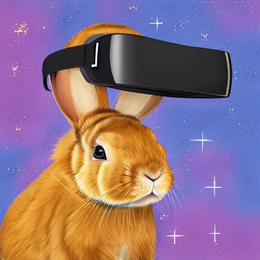 Image similar to a digital painting portrait of a rabbit wearing a vr hmd, black background with stars, photorealism