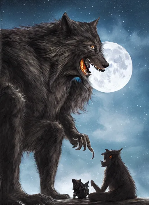 Image similar to a werewolf at night sitting next to a human child in front of full moon, fantasy art, matte painting, highly detailed