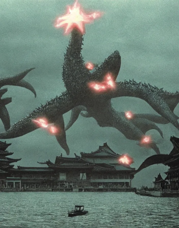 Prompt: a filmstill of a north korean monster movie, kaiju - eiga monster starfish - like trampling a traditional korean palace, foggy, film noir, epic battle, etheral, explosions, communist starfish, thriller, by wachowskis and robert eggers, video compression