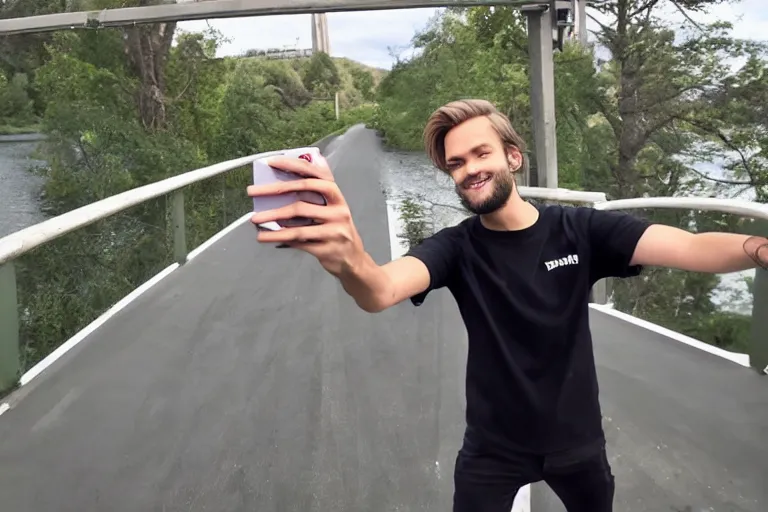 Image similar to pewdiepie taking a selfie at a bridge