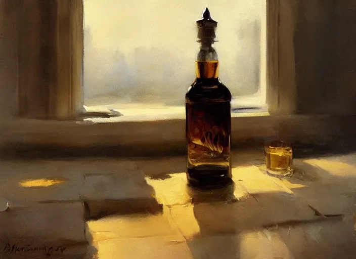 Image similar to oil painting of whiskey bottle, art by anders zorn, wonderful masterpiece by greg rutkowski, beautiful cinematic light, american romanticism by greg manchess, creation by tyler edlin