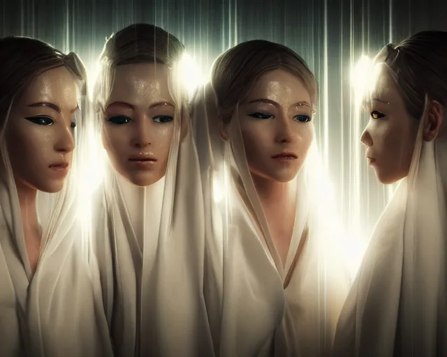 Image similar to a film still of three synthetic female human oracles wrapped in white cloth, face markings, beautiful, neotokyo, cinematic lighting, high resolution, 4 k