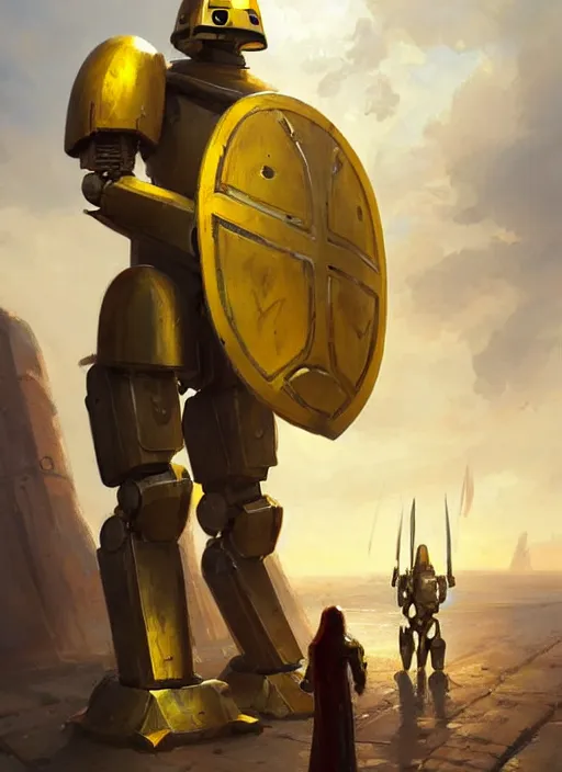 Image similar to tall strong yellow pit droid holding large paladin medieval shield!!! and a long medieval engraved powerful great sword, pancake short large head painterly humanoid mecha, beautiful fantasy background by Greg Rutkowski