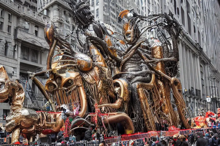 Image similar to photo of giant parade float designed by hr giger in the macys thanksgiving parade, detailed 4 k photo