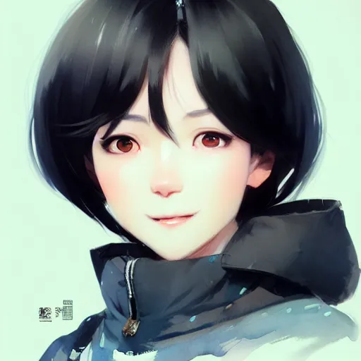 Image similar to character design portrait of a smile grocery asia woman ， black hair, wearing a down jacket, looking at the camera, 4 k, concept art, by wlop, wenjun lin, watercolor, ilya kuvshinov, artgerm, krenz cushart, pixiv.