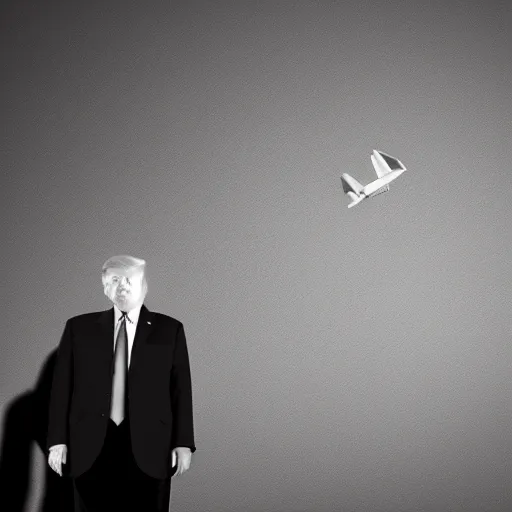 Image similar to mysterious donald trump in black suit and black hat, he has a paper aeroplane!!, mysterious, 4 k, highly detailed, digital art, strong shadows, high contrast, epic scene, atmospheric, blue colours, award winning photo