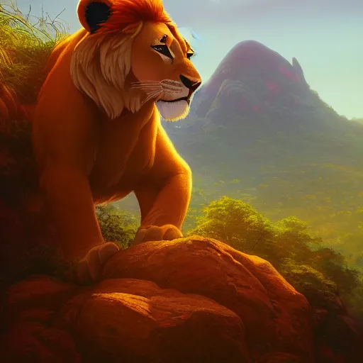 Image similar to Simba from the Lion King standing on pride rock, summer, bright and beautiful, orange tones, oil painting, Greg Rutkowski, Charlie Bowater, unreal 5, DAZ, hyperrealistic, octane render, RPG portrait, dynamic lighting, fantasy art, beautiful face