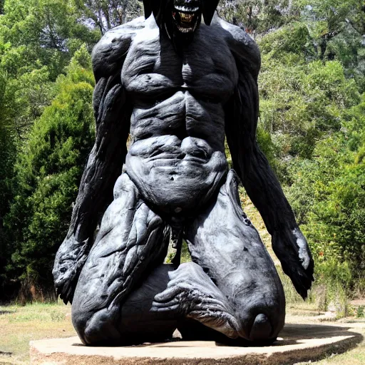 Image similar to giant sculpture of eldrich alien god, made of black stone, worshipped by crowd of neanderthals