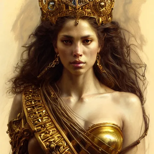 Prompt: highly detailed portrait of a majestic lioness queen in the form of a beautiful woman. d & d. art by donato giancola, eugene delacroix, ruan jia, gaston bussiere. trending on artstation, intricate details, energetic composition, golden ratio, concept art, illustration, elegant art, global illuminaition