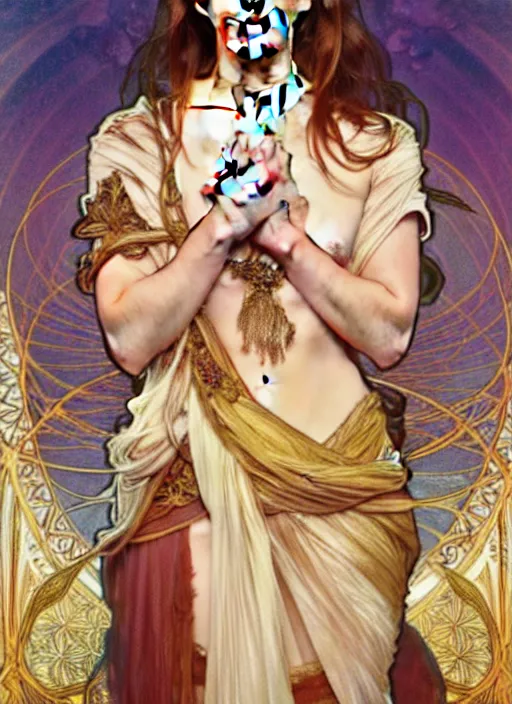 Prompt: Emma Watson as God of Beautifully, full body shot, cute, fantasy, intricate, elegant, highly detailed, digital painting, 4k, HDR, concept art, smooth, sharp focus, illustration, art by alphonse mucha,artgerm, H R Giger