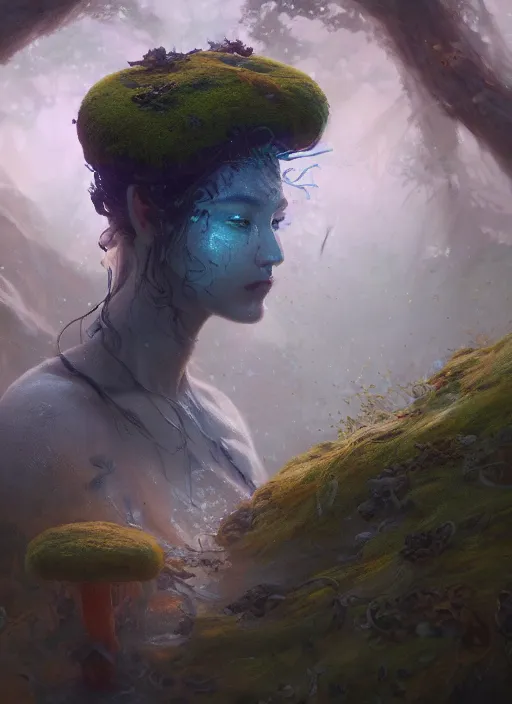 Image similar to Head of a forgotten Deity, translucent mushrooms, moss, extremly detailed digital painting, in the style of Fenghua Zhong and Ruan Jia and jeremy lipking and Peter Mohrbacher, mystical colors, rim light, beautiful lighting, 8k, stunning scene, raytracing, octane, trending on artstation