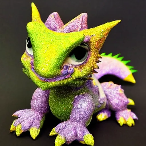 Prompt: adorable baby dragon, the dragon is purple and glittery, big eyes, cgi, ethereal fairytale, kawaii