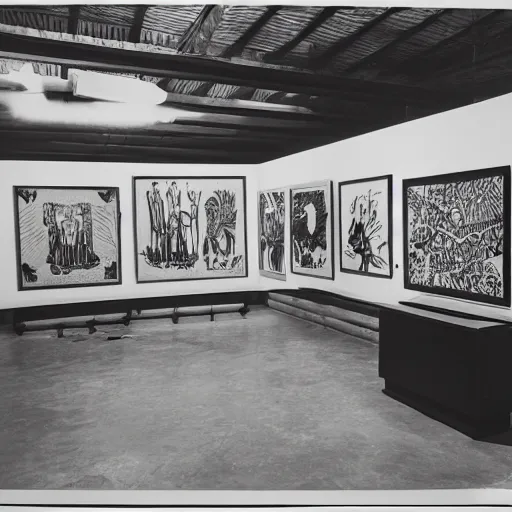 Image similar to A black and white screen print of gallery exhibition view from the 60s, anthropology, colonial, wild, exotic, artifacts, pedestal, ethnography, screen printing