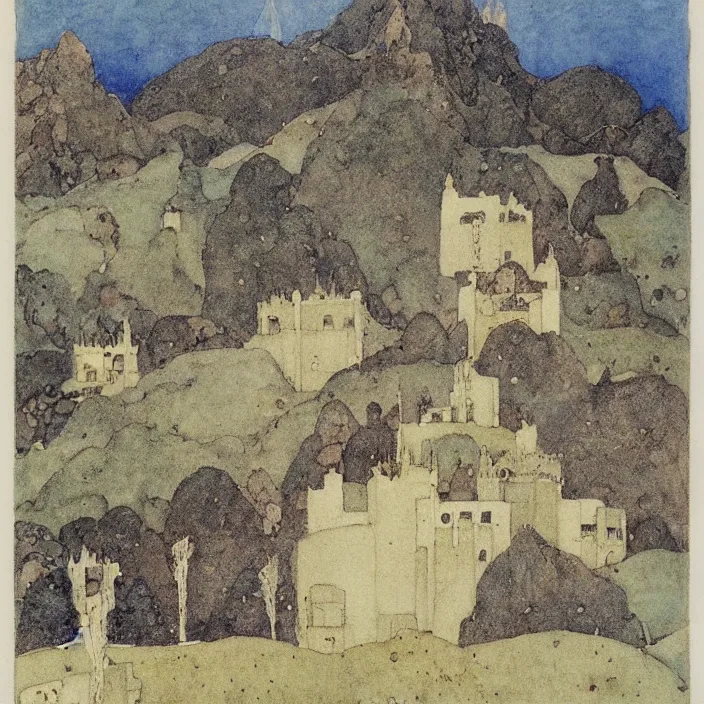 Image similar to a building in a landscape, by edmund dulac