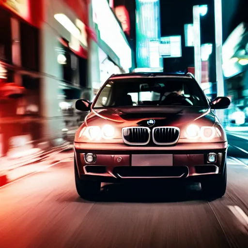 Image similar to photo of a bmw x 5 2 0 0 3 at night driving fast through a city, cinematic, 4 k, long exposure photography, tokyo drift, fast and furious, kodak portra 4 0 0