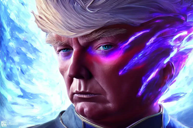 Image similar to portrait of storm wizard donald trump, landscape, illuminated armor, detailed face, rule of thirds, league of legends splash art, path traced, enigmatic lighting, crimson gradient, purple color scheme, shinji aramaki, karol bak, alphonse mucha, colin searle, artstation, ray tracing octane unreal engine 5 digital painting