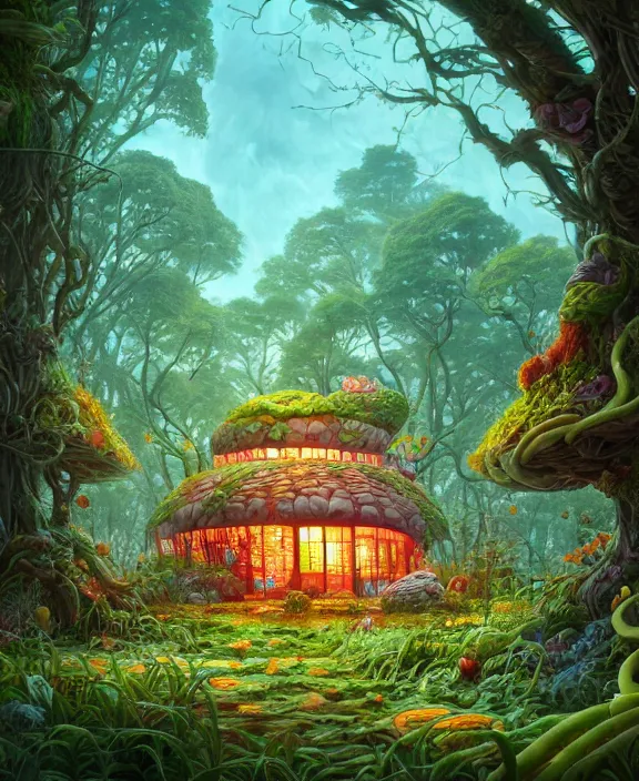 Prompt: a whimsical building made from food, overgrown with huge exotic fungus, deep in the woods, cheerful, stormy, by dan mumford, yusuke murata, makoto shinkai, ross tran, dreamy, cinematic, unreal engine, cel shaded, featured on artstation, pixiv