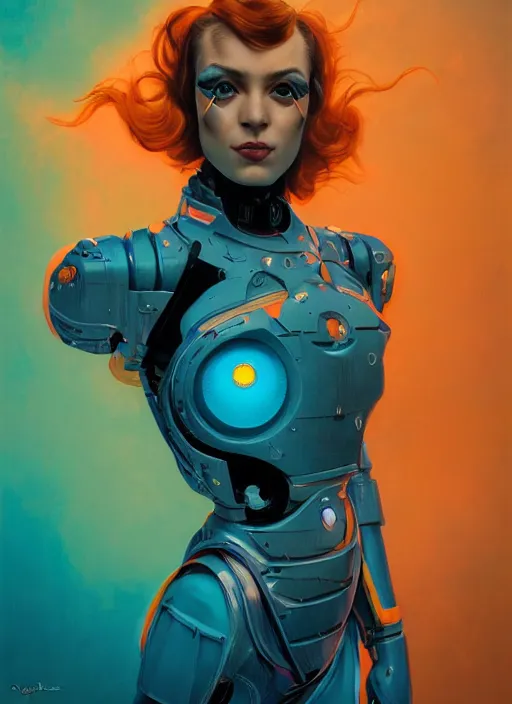 Image similar to symmetry!! dynamic pose! closeup portrait of a cyborg valkyree girl, fashion cyborg jumpsuit, shoulder pads, cinematic light, backlight, teal orange, volumetric clouds, by gerald brom, by mikhail vrubel, by peter elson, muted colors, extreme detail, trending on artstation, 8 k