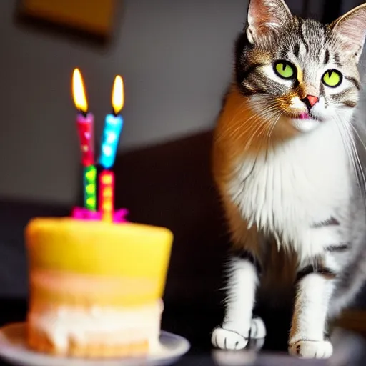 Prompt: photo of a cat celebrating his birthday. highly - detailed, sharp focus, award - winning