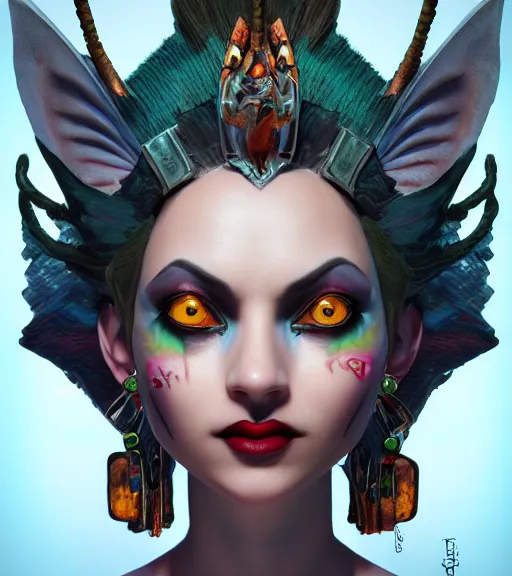 Prompt: an epic fantasy comic book style portrait painting of a very beautiful industrial goth neytiri, character design by mark ryden and pixar and hayao miyazaki, unreal 5, daz, hyperrealistic, octane render, cosplay, rpg portrait, dynamic lighting, intricate detail, harvest fall vibrancy, cinematic