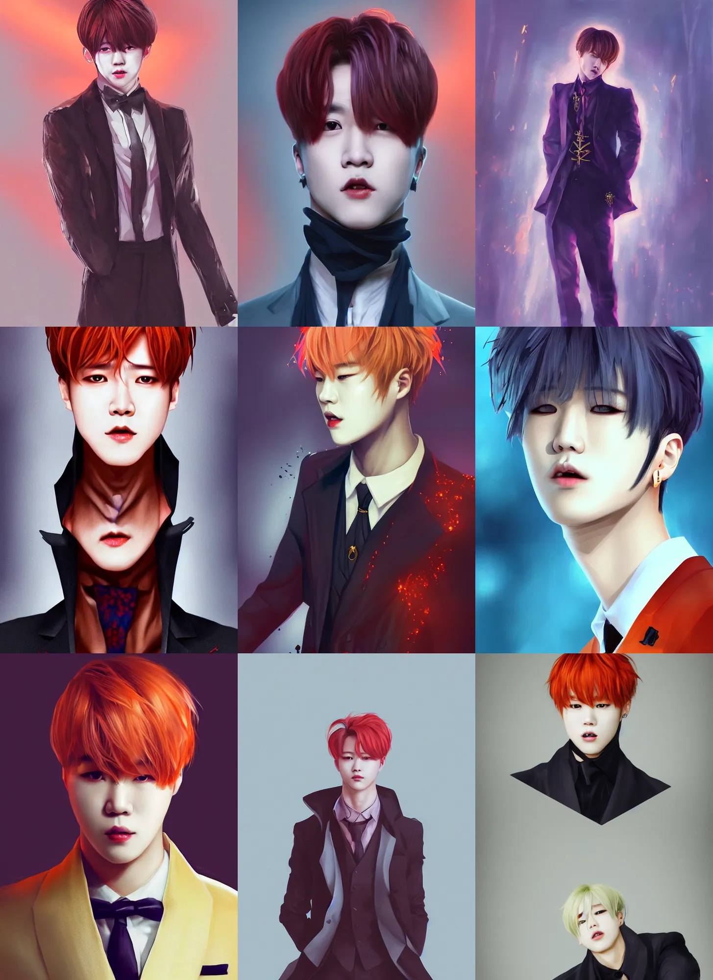 Prompt: park jimin as a vampire. wearing intricate styled suit, semi realism, anime realism, symmetrical face, slim face, appealing, photorealism, uhd, amazing depth, glowing, golden ratio, sakimichan, greg rutowski, volumetric lighting, cinematic lighting, red orange lighting, artstation concept art