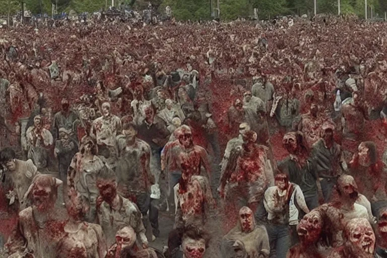 Prompt: distant footage of a crowd being devoured by zombies