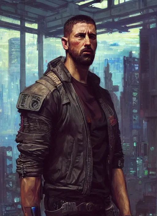 Image similar to buff joe. cyberpunk mercenary in a cyberpunk jumpsuit ( blade runner 2 0 4 9, cyberpunk 2 0 7 7 ). orientalist portrait by john william waterhouse and james gurney and theodore ralli and nasreddine dinet, oil on canvas. cinematic, hyper realism, realistic proportions, dramatic lighting, high detail 4 k