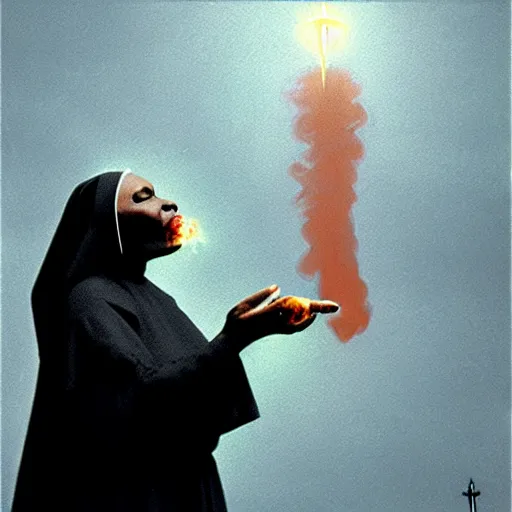 Image similar to a black nun wearing shiny jewelry, she's smoking a cigar and puffing smoke, by Beksinski, star-shaped lens flare