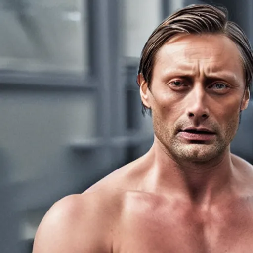 Image similar to a man who is a genetic combination of mads mikkelsen and jude law face and upper - body focus