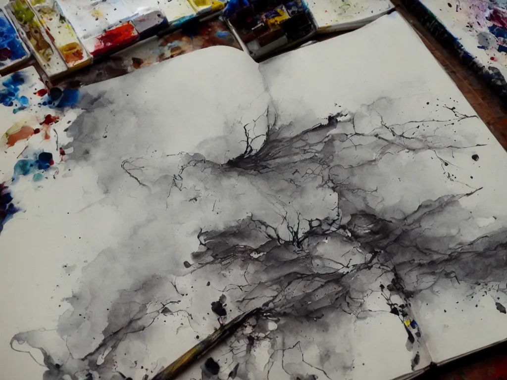 Image similar to detailed painting of a book bleeding ink onto a desk, by John Howe and Krenz Cushart