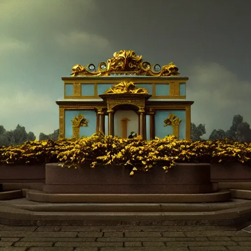 Prompt: 8k, octane render, realism, tonalism, renaissance, rococo, baroque, empty renaissance park, chaotic gold leaf flowers